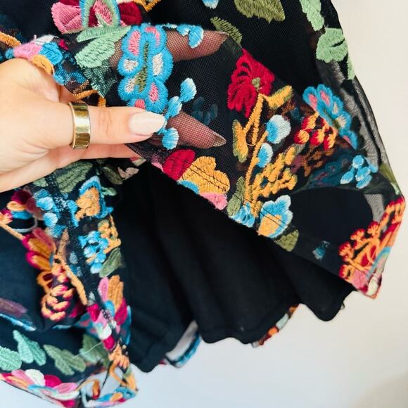 ANTHROPOLOGIE Black Sheer Mesh Floral Embroidery Overlay Sleeve Mini Dress S - Picture 9 of 14